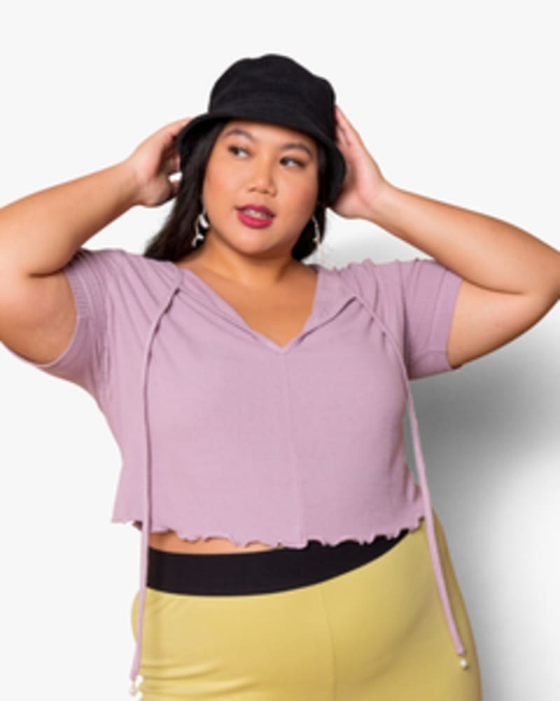 Front of a model wearing a size XL Angela Pearl-Drop Tee in Orchid by Lovefool. | dia_product_style_image_id:249513